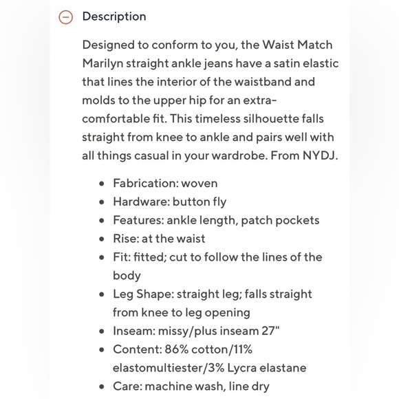 NYDJ Waist Match Marilyn Straight Ankle Jeans w/ Button Fly - Picture 5 of 6